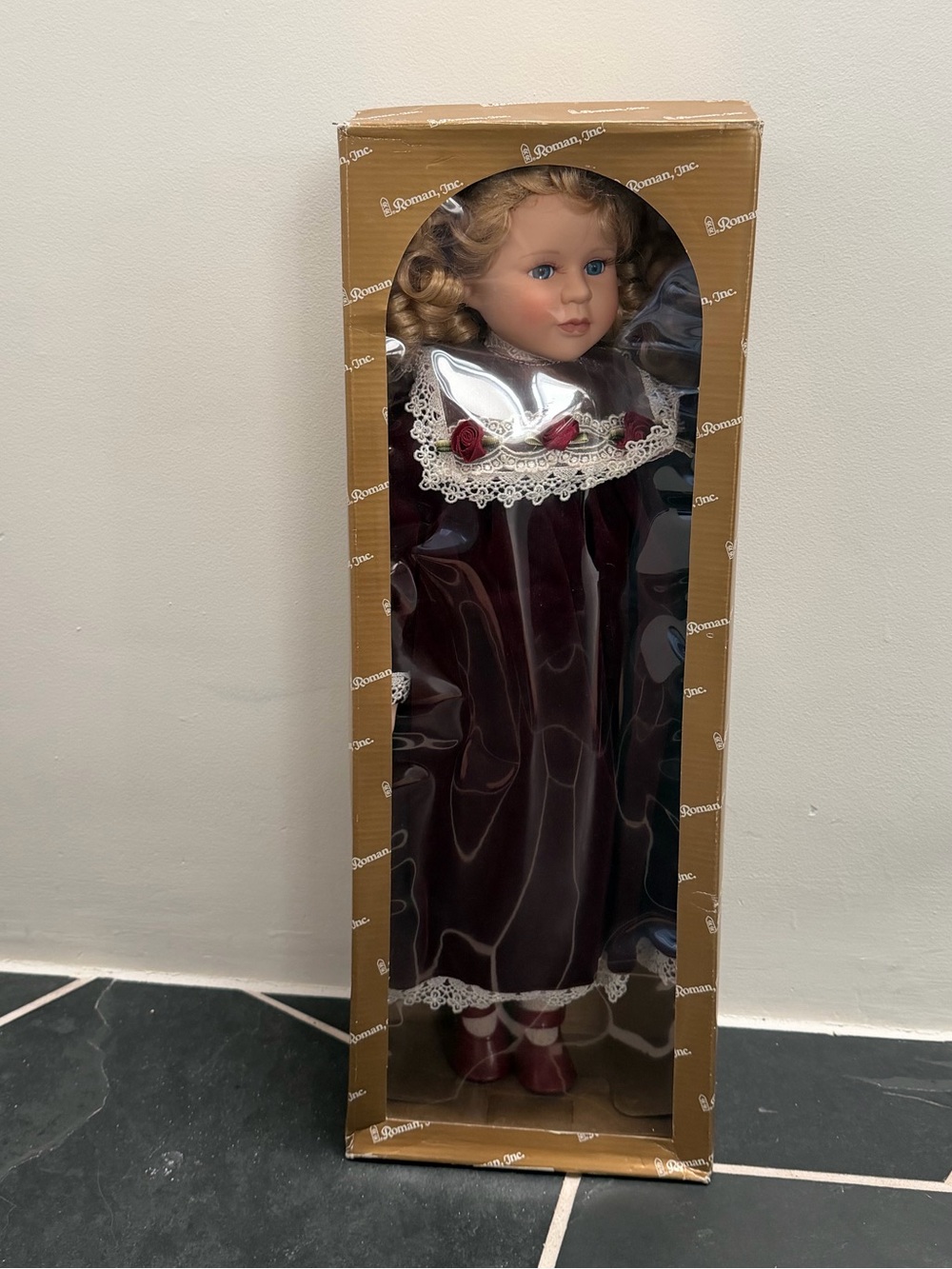 Classic Porcelain Doll in Burgundy Dress 20inch Victorian